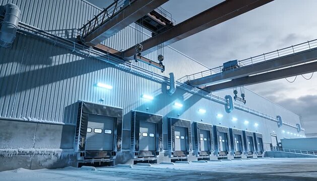 Industrial loading dock bay in snow at dusk with overhead cranes and bright lights, logistics storage.