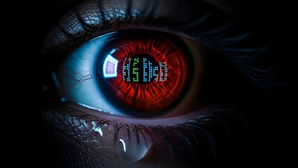 A hyper-detailed, dramatic close-up of a red, glowing iris reflecting digital data, set against a dark background. A tear wells up on the lower lid, combining themes of intense emotion, surveillance,