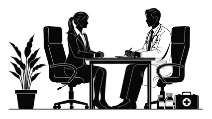 Doctor consults with patient in a professional office setting.