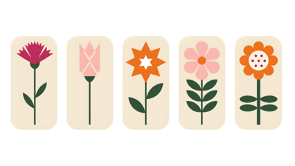 Five stylized floral illustrations arranged in a row on transparent background