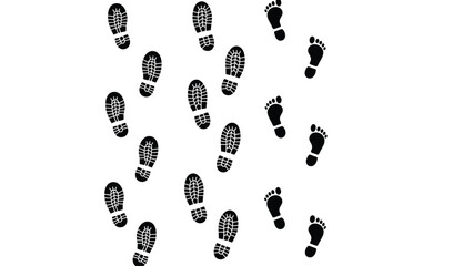Footprints and boot prints are scattered across a white background.