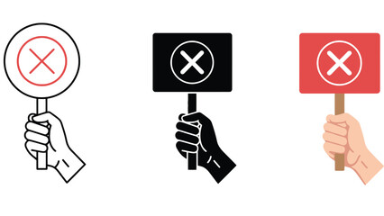 Three hands hold signs with a red cross symbol indicating incorrect answers.