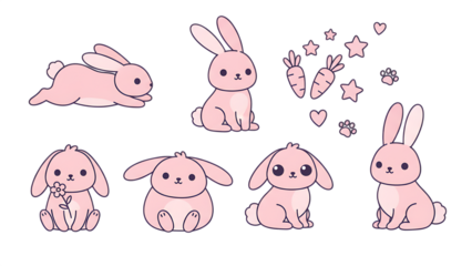 Cute pink bunnies with carrots hearts and stars on transparent background