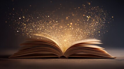 Open book releases sparkling magic in a dark room during a quiet evening