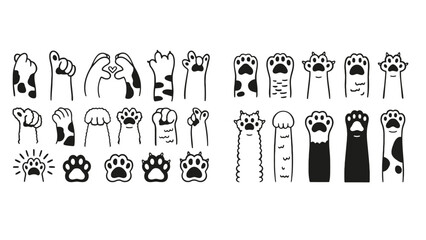 Collection of illustrated cat paws and paws with claws extended.
