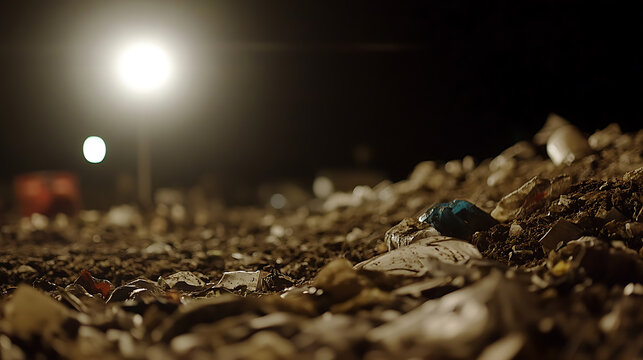 Glimmering heap. Night casts a spotlight on a pile of debris, revealing textures and colors in the discarded fragments scattered across the terrain beneath the dark sky.