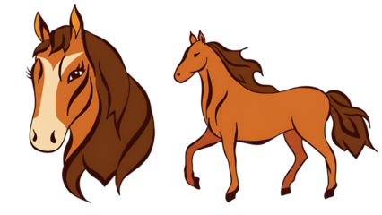 Two brown horses one portrait and one full body on transparent background