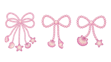 Three pink chain bows with star and shell charms on transparent background