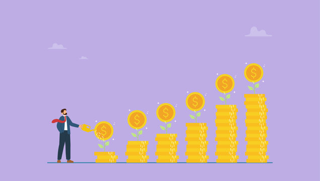 Businessman watering compound interest seedling growth. Compound interest growth, savings, investment or wealth accumulation formula, interest rate principal, profit or earning, prosperity.