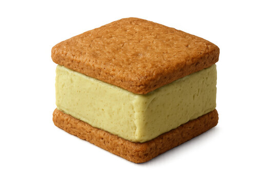 Pistachio ice cream sandwich with square cookies on a transparent background, summer sweet dessert snack concept