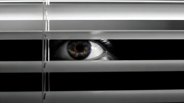 An intense, fearful eye stares out through the slats of white venetian blinds, conveying a sense of surveillance, paranoia, secrecy, and real fear in a dark, ominous atmosphere.