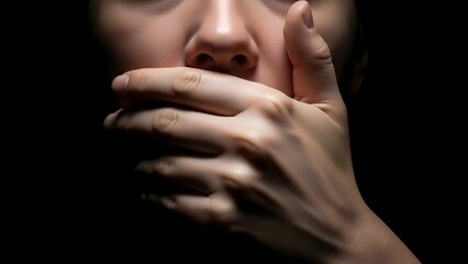 A hand covers a person's mouth in stark, low-key lighting, emphasizing intense silence, censorship, suppression, and the raw feeling of real fear in the darkness.