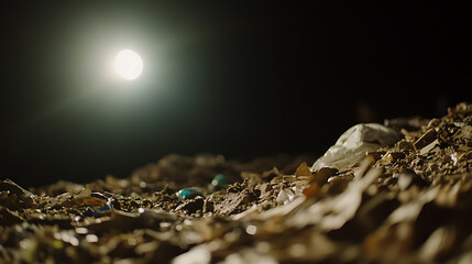 Solitary beam lights a garbage patch, an accumulation of trash and debris under a dark night sky. Environmental pollution and irresponsible waste disposal at its finest.