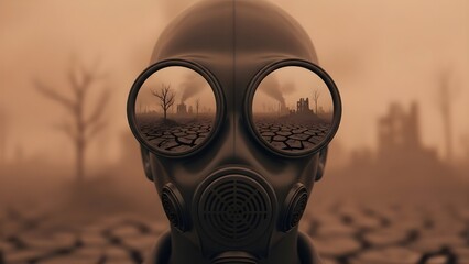 Close-up of a gas mask reflecting a post-apocalyptic, ruined world. Cracked earth, dead trees, and smoky ruins dominate the lenses, conveying a sense of despair and real fear in a sepia-toned, enviro