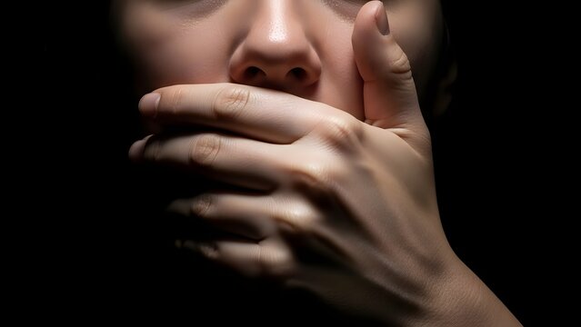 A hand covers a person's mouth in stark, low-key lighting, emphasizing intense silence, censorship, suppression, and the raw feeling of real fear in the darkness.