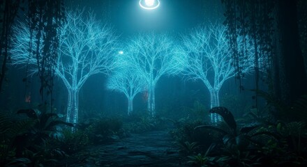 Glowing trees in dark forest.
