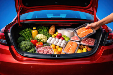 Hand loading fresh groceries into car trunk