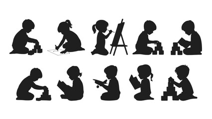 Children's silhouettes engaged in various activities like playing and drawing.