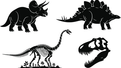 A collection of dinosaur silhouettes and a skeleton is shown.