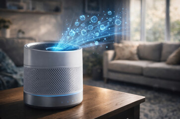 Air purifier cleaning room removing virus particles