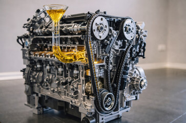 Engine cutaway showing oil flowing through funnel