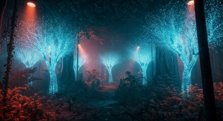 Glowing trees in dark forest.