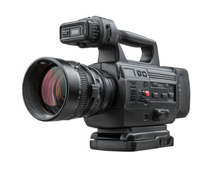 Professional black video camera with large lens, black background