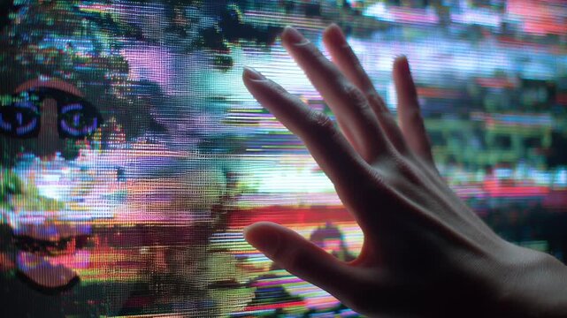 Smooth transition of colorful vhs glitch effect concept. A hand reaches towards a vibrant, distorted digital display.