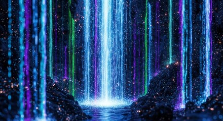 Glowing waterfall in dark forest.