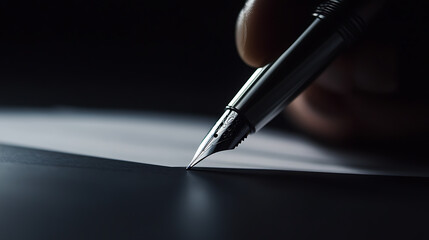 Close-up shot of a hand holding a pen writing on a paper. The dark background highlights the shiny metallic pen and the focused tip about to touch the paper surface.
