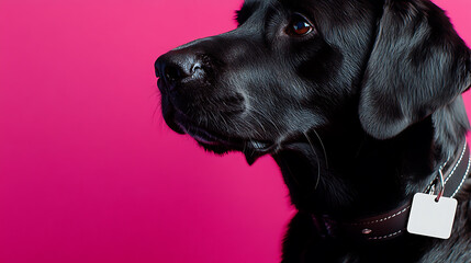 A close-up shot of a shiny black Labrador Retriever against a pink background, capturing its sleek coat, dark eyes, and attentive gaze. The dog wears a collar with a tag, adding a touch of personality