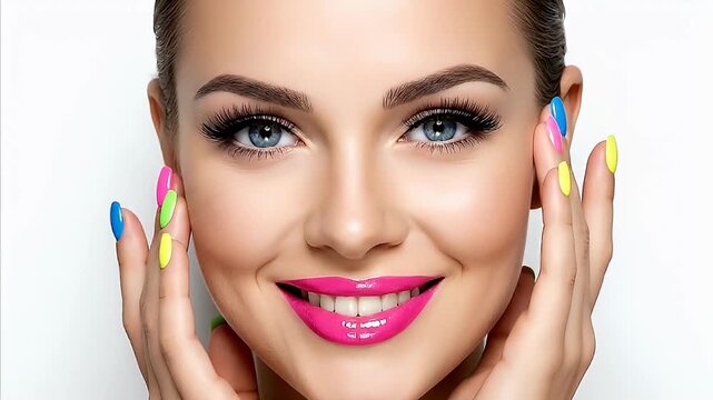 Beautiful young woman showcasing vibrant multicolored acrylic nails and flawless makeup with bright pink glossy lips against a white background