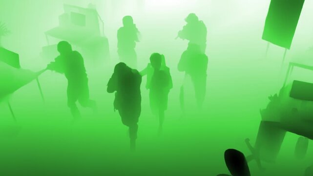Green-toned depth map of armed figures moving through a cluttered office space, created for AI training, virtual simulation, or indoor surveillance modeling.
