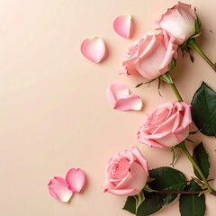 Delicate pink roses and petals arranged on a pale beige surface