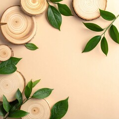 Light beige background framed by wooden tree rings and fresh green leaves