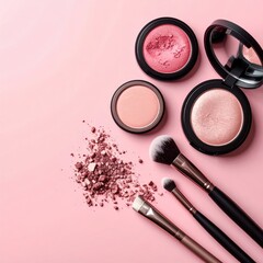 Flat lay of blush and eyeshadow makeup products.  Pink background