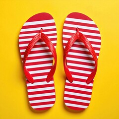 Pair of red and white striped flip-flops on a bright yellow background