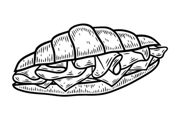 Croissant sandwich, hand drawn, monochrome engraving, line art style vector illustration isolated on white background