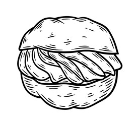 Cream puff, hand drawn, monochrome engraving, line art style vector illustration isolated on white background