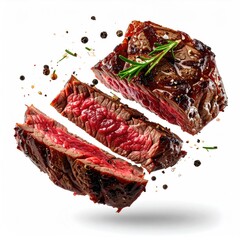 Sliced steak, roasted and seasoned, in mid-air