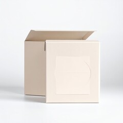 Two beige cardboard boxes, one open, one closed, on a white background.  A subtle, circular design is visible on the closed box