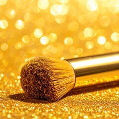 Golden makeup brush on a glittering gold surface