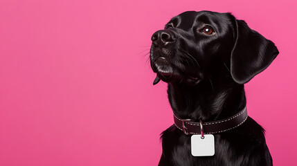 A sleek black canine gazes upward against a vibrant pink backdrop. The dog wears a collar with a blank tag, adding to the image's simple charm. Focused and engaged.