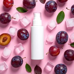 Plums, ice cubes, and a white bottle arranged on a pink surface.  Top-down view