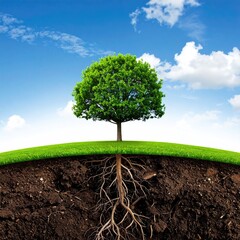 Lush green tree rooted in earth, skyward