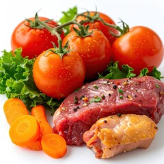 Fresh produce and protein on a white background