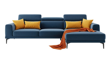 Blue sectional sofa with orange throw blanket and pillows transparent background cutout png