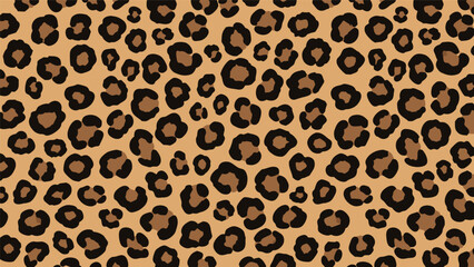 A seamless pattern of a classic leopard print with irregular dark brown spots on a tan background. © Purnomo