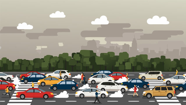 A busy city street with a traffic jam and pedestrians crossing the road.