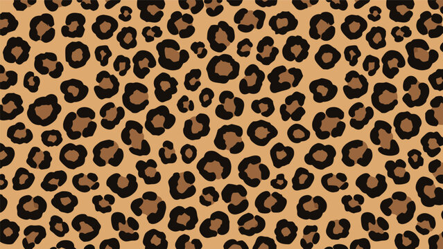 A seamless pattern of a classic leopard print with irregular dark brown spots on a tan background.